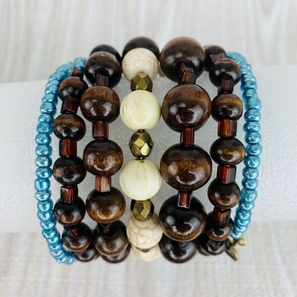 Brown Wood Bead Jasper Stone Teal Crystal Bracelet